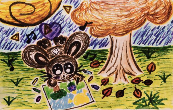 A marker drawing of a bunny scribbling under a tree after the leaves changed color. Some leaves also fell near the bunny.

This was drawn entirely in Crayola markers.