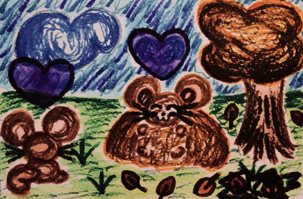 A marker drawing of squirrels playing in a leaf pile. 

This was drawn entirely in Crayola markers.