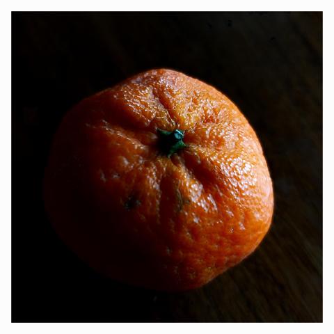 Spotlight on a clementine. Its right half and the stem are bathed in light, while the left half disappears into darkness. The bright orange of the skin with its fleshy texture and the dark green stem stand out vividly from the darkness. A fruity still life.