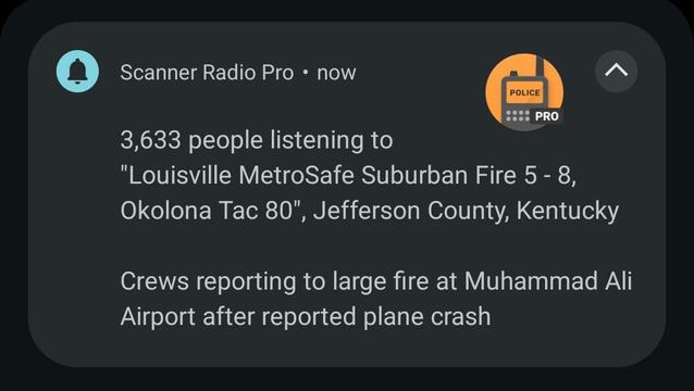 Crews reporting to large fire at Muhammad Ali Airport after reported plane crash.

Louisville MetroSafe Suburban Fire 5 - 8, Okolona Tac 80