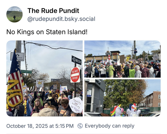 Screenshot of social media post for “No Kings 2.0” from Staten Island, New York.