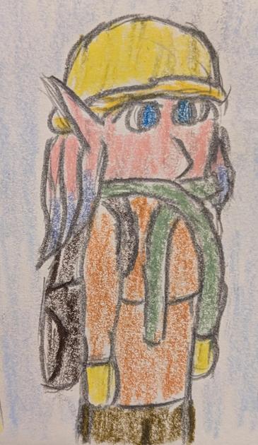 Color pencil drawing of Ayame Alba, a Mikkian woman OC from Star Wars, in a hoodie, mittens, cap, and scarf on her way to classes.