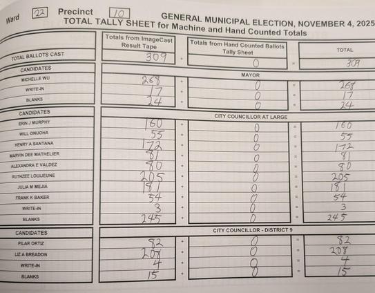 Clerk's book page showing:

309 ballots cast
268 votes for Michelle Wu
17 write-ins
24 blanks

160 votes for Erin Murphy
55 for Will Onuoha
172 for Henry Santana
81 for Marvin Mathelier
80 for Alexandra Valdez
205 for Ruthzee Louijeune
181 for Julia Mejia
54 for Frank Baker
3 write-ins
245 blanks

82 votes for Pilar Ortiz
208 for Liz Breadon
4 write-ins
15 blanks