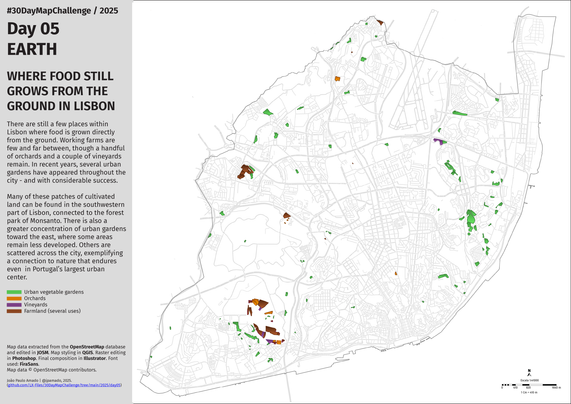 The image shows the Lisbon city plan with the streets drawn in light gray. Several areas are marked on the map, identifying different forms of landuse, related to growing food from the ground. These areas include urban vegetable gardens (in green), orchards (in orange), vineyards (in purple) and generic farmland (in brown). A scale bar is present on the bottom right. On the left side there is a text column with the title, description, map legend and technical data.