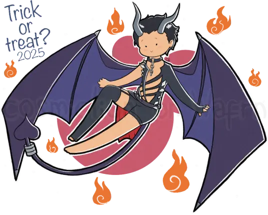 Digital transparent flat color illustration of Yuuri Katsuki from Yuri!!! On Ice, drawn in semi-chibi style with tiny dot eyes. He is drawn as a demon, he has big bat-like wings in that are purple on the outside and lighter purple on the inside, short grey horns that point upwards and a long purple tail with the tip shaped like a heart. He is wearing an outfit very similar to his Eros costume, but the see-through piece is gone and his skin is fully visible. Instead of pants he is wearing very short shorts. Instead of wearing skates he is barefoot and wearing a stocking only on his right leg, which is held with a garter. He is also wearing a choker collar with a piece of chain and three rings on his tail. He has his hair slicked back but some strands are loose. He is floating on his back in the air, stretching his arms and legs and smiling at the viewer. On the top left corner of the picture it says "Trick or treat? 2025" in blue whimsical font. There is a pattern of big red circles behind him and tiny flames around him.