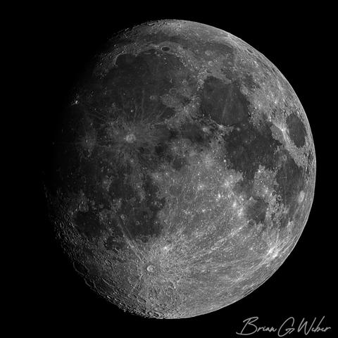 A 92% waxing moon with the shadows receding off the left side