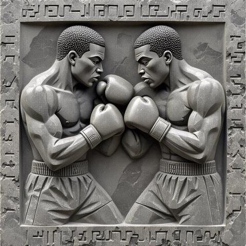 AI art image of bas relief cracked granite tile featuring carving of the upper bodies of two African boxers in a fight, gloves raised with Greek and Egyptian symbols
