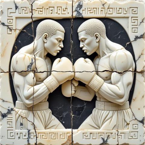 AI art image of bas relief cracked white marble tile featuring carving of the upper bodies of two African boxers in a fight, gloves raised with Greek and Egyptian symbols