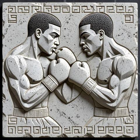 AI art image of bas relief cracked granite tile featuring carving of the upper bodies of two African boxers in a fight, gloves raised with Greek and Egyptian symbols