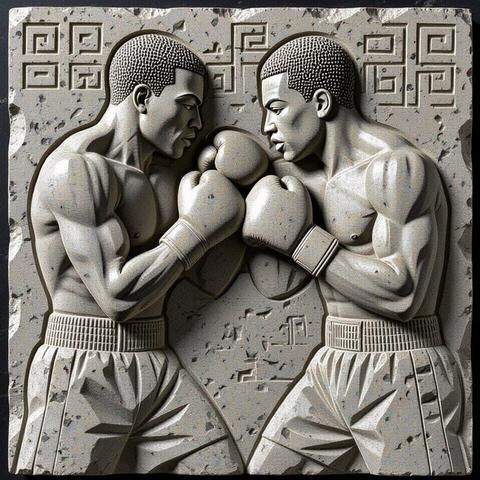 AI art image of bas relief cracked granite tile featuring carving of the upper bodies of two African boxers in a fight, gloves raised with Greek and Egyptian symbols