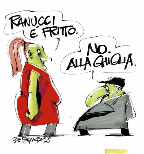 Nel disegno, due persone parlano tra loro. "Ranucci è fritto", dice la prima.
"No. Alla Ghiglia", chiosa l'altra.