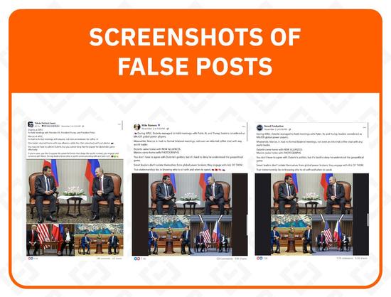 <p><strong>Claim:</strong> President Ferdinand Marcos Jr. did not have any bilateral meetings with world leaders during his Asia-Pacific Economic Cooperation (APEC) Summit participation.</p>



<h5 class="wp-block-heading" id="h-rating-false"><strong>Rating: FALSE</strong></h5>



<p><strong>Why we fact-checked this: </strong>The posts from different accounts containing the claim are already garnering at least 25,000 reactions; 2,000 comments; and 9,700 shares in total, as of writing.</p>



<p>In the post, they claimed that Marcos had no bilateral meetings with any world leaders during the APEC Summit, unlike his predecessor, former president Rodrigo Duterte, who was able to meet with “major global powers” like Russian President Vladimir Putin, Chinese President Xi Jinping, and US President Donald Trump during his term.</p>



<p>This caption was accompanied by a photo collage of Duterte sitting with Putin, Xi Jinping, and Trump in their one-on-one meetings.&nbsp;</p>



<p>One of the sources, <a href="https://www.facebook.com/mike.romero.vlogs/posts/pfbid02N27eQwr24Q1hgbMJ1NNGpnUntHKBSsncTkEyrLapN9Y76B1R7bcU96yLLxb65SMml?rdid=Vb2fHM0LIk3YvSa9#" rel="noreferrer noopener" target="_blank">Mike Romero</a>, who declared himself as a Duterte supporter in his bio, is also a verified account which potentially added to the viewers’ trust in his post, hence the high engagement count. Compared to other posts from Romero’s account, this particular one received a significantly higher en