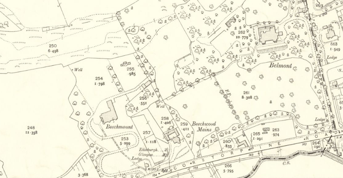 1905 Ordnance Survey 1:25 inch map of Edinburghshire, centred on Beechmount (left), Beechwood (centre) and Belmont (right). Reproduced with the permission of the National Library of Scotland