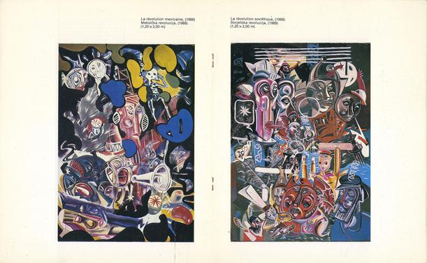 numérisation de deux pages d'un fascicule : deux reproductions en couleurs de deux tableaux, l'un sur chaque page, avec une large marge blanche et la légende (titres des tableaux : "La Révolution mexicaine" et "La Révolution soviétique").
Les tableaux sont des compositions complexes et très colorées dans lesquelles apparaissent des personnages et des formes abstraites.