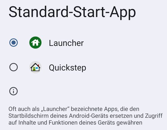 Das Fairphone 4 "Standard-Start-App" Einstellungen.