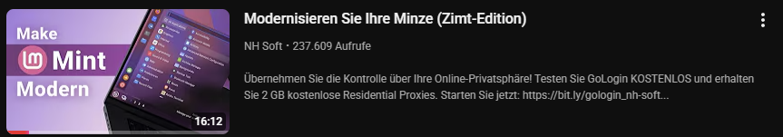 Der Screenshot zeigt die automatische Titelüberstzung von YouTube in der aus "Modernize your Mint (Cinnamon Edition)" "Modernisieren Sie Ihre Minze (Zimt-Edition)" übersetzt wird.