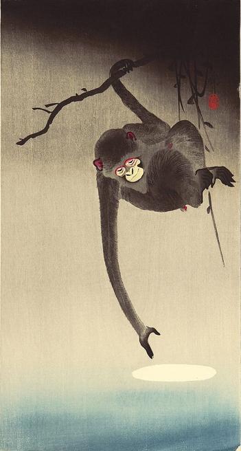 A monkey is hanging off a branch trying to catch the reflection of the full moon on the surface of the water.