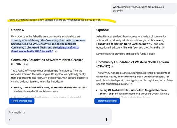 Google is testing a new version of AI Mode responses in the wild and then asking searchers to vote on which one they prefer
