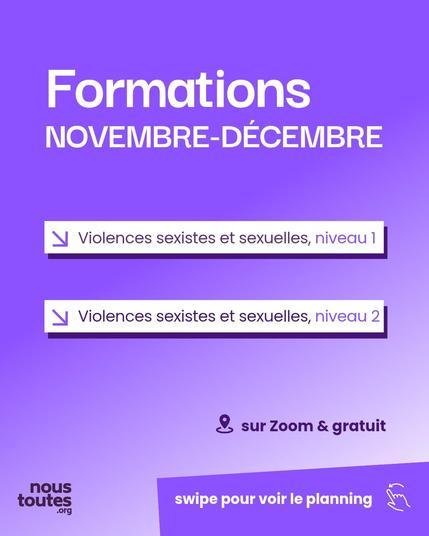 Affiche sur fond dégradé violet. Le titre en blanc est "Formations NOVEMBRE-DÉCEMBRE". Deux niveaux de formation sont listés : "Violences sexistes et sexuelles, niveau 1" et "Violences sexistes et sexuelles, niveau 2". En bas au centre est indiqué "sur Zoom & gratuit". Une zone de texte en bas à droite dit "swipe pour voir le planning". Le logo 'nous toutes .org' est en bas à gauche.