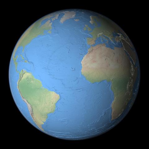 A globe with shaded relief centred on the Atlantic Ocean.