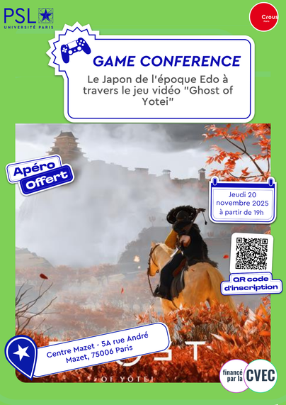Affiche de la conférence avec un visuel du jeu Ghost of Yotei.