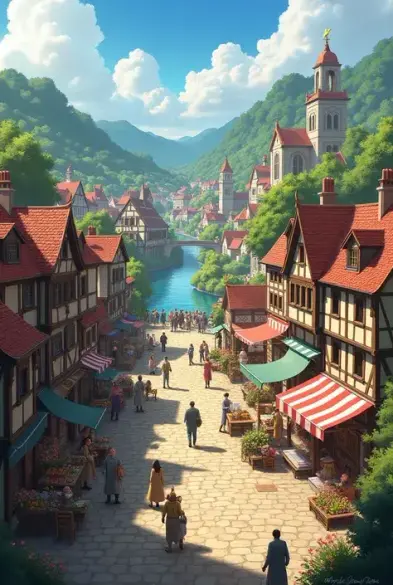 An idealised view of a village set in the mountains. It's a perfect day with people out in the sunshine.