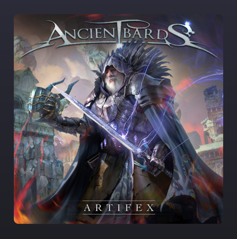 A hooded, armored figure stands in a dramatic fantasy landscape. He wields a glowing, crystalline sword that emits a soft blue-purple light. His cloak is dark and flowing, with a fur-lined collar, and he has a stern, determined expression. Behind him, ancient stone towers rise from a craggy terrain bathed in twilight hues of red, purple, and blue. The band name “ANCIENT BARDS” arches across the top in metallic, stylized lettering, and the title “ARTIFEX” is centered at the bottom.