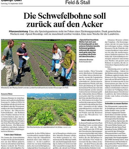 Newspaper article in the 'Swiss Farmer' showing the experimental field site with the yellow bean breeding lines.