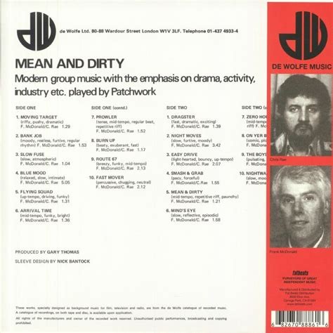 Mean & Dirty by Patchwork, released on DeWolfe in 1978.
Back cover