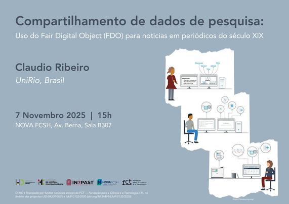 Cartaz da palestra “Compartilhamento de dados de pesquisa: uso do Fair Digital Object (FDO) para noticias em periódicos do século XIX”, com Cláudio Ribeiro (UniRio, Brasil). 7 de Novembro de 2025, às 15 horas, na sala B307 da FCSH (Avenida de Berna). O cartaz é ilustrado por três desenhos alusivos aos princípios Fair, relativos à partilha de dados de investigação.
