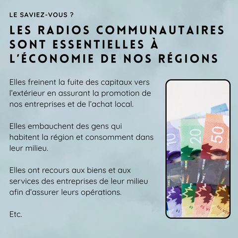 LE SAVIEZ-VOUS ?

LES RADIOS COMMUNAUTAIRES SONT ESSENTIELLES À L’ÉCONOMIE DE NOS RÉGIONS

•     Elles freinent la fuite des capitaux vers l’extérieur en assurant la promotion de nos entreprises et de l’achat local.
•     Elles embauchent des gens qui habitent la région et consomment dans leur milieu.
•     Elles ont recours aux biens et aux services des entreprises de leur milieu afin d’assurer leurs opérations.
•     Etc.
