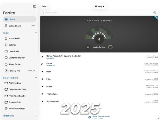 A screenshot of Ferrite 3’s main library/recording screen, as of the latest release running on iOS 26.
