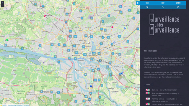 The image is a screenshot of a digital map interface, dominated by a detailed view of Hamburg, Germany, and the surrounding areas, including numerous waterways and roads. Scattered across the map are small, numbered icons of varying colors—primarily red, yellow, and blue—representing surveillance points, potentially cameras or guards. A sidebar on the right side of the screen provides information about the surveillance system, with a title reading "Surveillance." The map displays cities, towns, and bodies of water. The bottom of the image includes branding and copyright information, and reads "Leaflet | OpenStreetMap contributors." 

The sidebar text verbatim reads: “Surveillance shows you cameras and guards – watch anywhere. You can see where they are located and, if available, what type they are, the area observe, or other interesting facts. Different colors and sizes give you a quick overview about the indexed surveillance entries. Click on those icons to get the available information.” Beneath that is a key with icons labeled: “Camera – no further information,” “Fixed camera – usually observing a limited area,” and “Panning camera – usually able to observe various areas.”