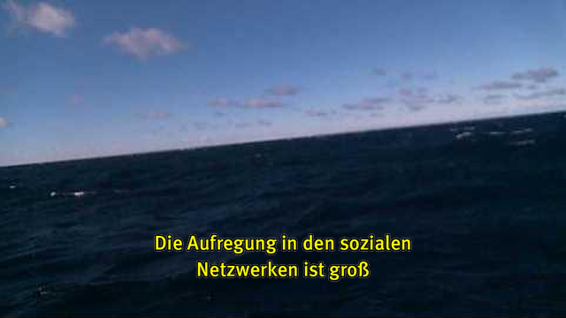Webcam-Foto vom Meer, untertitelt mit gelber Schrift: "Die Aufregung in den sozialen Netzwerken ist groß"