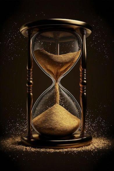 Esta es una imagen enfocada y artística de un reloj de arena (clepsidra), con una atmósfera de lujo y dramatismo.

Sujeto Principal: El centro de la imagen es un gran reloj de arena.

Estructura: El marco es de un material que parece ser metal pulido de color dorado o bronce oscuro, con pilares torneados y bases gruesas.

Ampolla de Vidrio y Arena: La ampolla de vidrio transparente contiene una gran cantidad de arena que brilla con un tono dorado intenso. La arena está fluyendo activamente desde la cámara superior hacia la cámara inferior a través del estrecho cuello.

Detalles y Composición: La arena no solo fluye dentro del vidrio, sino que hay un efecto visual de partículas doradas brillantes (purpurina o polvo) esparciéndose alrededor de la base del reloj, sugiriendo movimiento, polvo de estrellas o la esencia efímera del tiempo.

Fondo e Iluminación: El fondo es oscuro y liso (negro o marrón muy oscuro), lo que hace que el reloj de arena y la arena dorada sean el punto focal absoluto, resaltando su brillo y su textura. La iluminación es intensa y localizada, acentuando el material brillante y creando un alto contraste.

La imagen en su conjunto es una representación potente y simbólica del tiempo, la elegancia y la fugacidad.