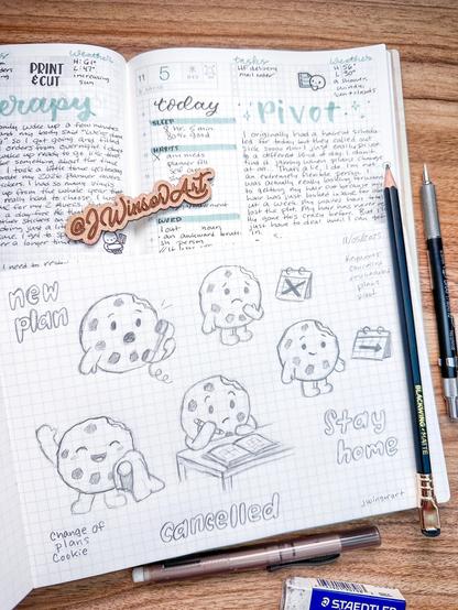 A sketchbook with pencil sketches of a Cookie cartoon character in various poses related to cancelled or rescheduled plans. Open underneath is a daily Hobonichi page for November 5th, 2025 with a title of Pivot.