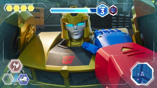Optimus Prime comforts Bumblebee in POV with an FPS style HUD during a program in Transformers: CYBERWORLD.