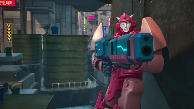 Elita-1 taking cover with a program-generated weapon in Transformers: CYBERWORLD.