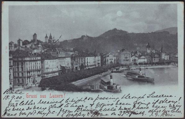 Printed monochrome on blue postcard showing a general view of the waterfront at Luzern or Lucerne in Switzerland.

Published by the Polygraphisches Institut, Zürich, No POL 28, undivided back.

Postally used on 18 September 1900 with Basel cancellations on red 10r stamp and sent to Miss Welsh, 13 Minto Street, Edinburgh, Ecosse.

Good condition, with very slight corner bumps and light album marks, but very light crease to bottom right corner.