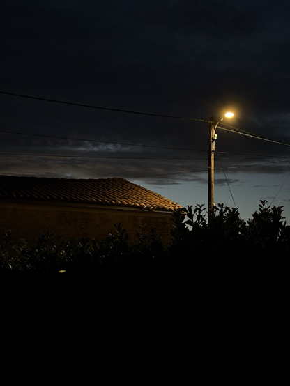 Street light set against dark clouds in a dusk sky lights up the terracotta tiles of an adjacent building visible above a hedge.