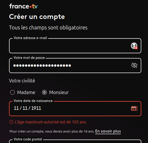 Date de naissance dans le formulaire de création de compte en rouge refusant une valeur de plus de 105 ans