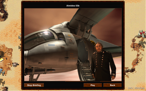 OpenRA showing a mission briefing video.  John Rhys-Davis plays Noree Moneo.