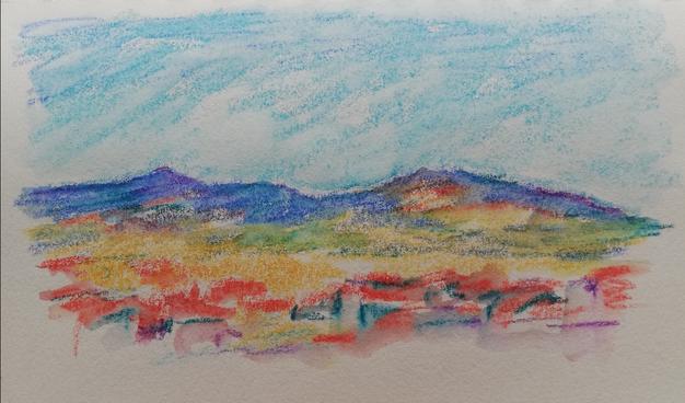 Late afternoon light on mountains looking over the lower town, in watersoluble crayons.