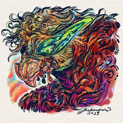 A colorful digital portrait of an anthropomorphic dragon insect character.