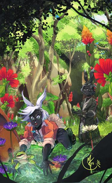 An illustration of my FFXIV character, Xarann, and Erenville catching frogs together in Raincatcher Gully. Erenville is holding a frog peacefully in both hands and looking over at his fellow Viera in disbelief has Xarann launches himself forward to catch a fleeing frog. It's moments before disaster, as Xarann is very clearly about to hit the water. Sunbeams warm the scene through the trees, creating a serene feeling despite the chaos happening below.