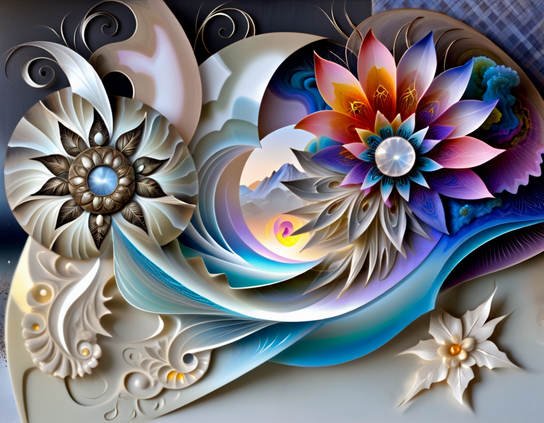 Layered flowers with sculptural petals, harmonized on a flowing, decorative, and balanced background.