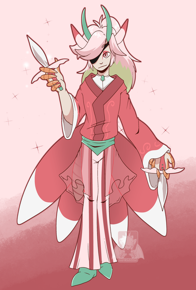 a gijinka pokemon; a lurantis guy, posing with two daggers - one on each hand - with a calm expression.