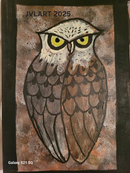 A primitive owl with a cream colored head Grey feathers on the left and brown features on the right against a textured background of beige brown copper gold