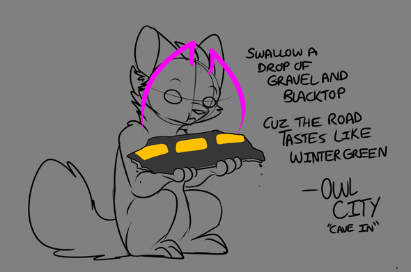 Quick sketch of me eating a chunk of road with song lyrics from owl city written out. "Swallow a drop of gravel and blacktop, cuz the road tastes like wintergreen"