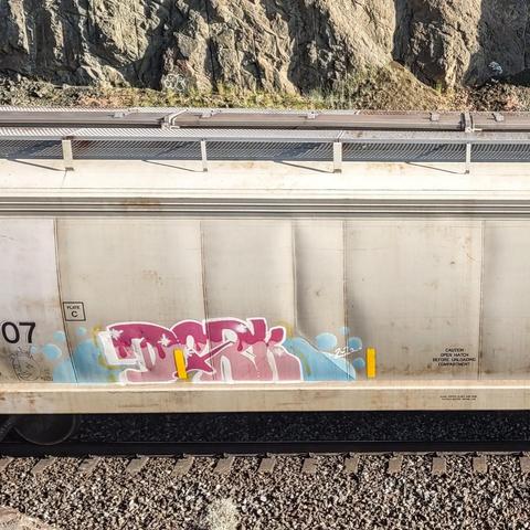 Train car with graffiti rolling through Kamloops BC Canada